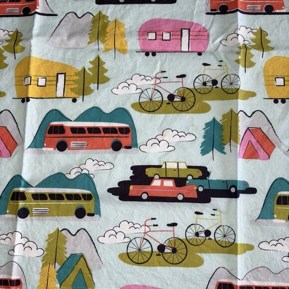 Camp Site 2016 Blend Fabric 42 x 28 Print Of Pink Camper Tents Bicycles - Picture 3 of 7